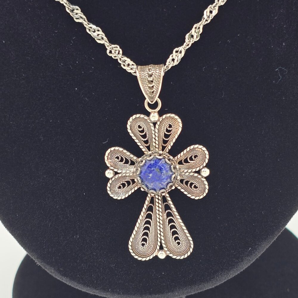 Vintage Sterling Silver Lapis Lazuli DGS 925 Turkey Filigree Cross Necklace - Picture 2 of 7